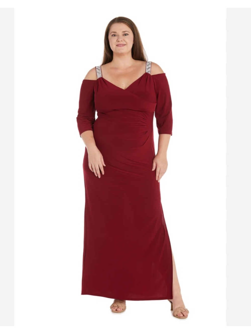 R&M RICHARDS Wine Red Cold Shoulder Rhinestone Embellished  Dress 16 NWOT
